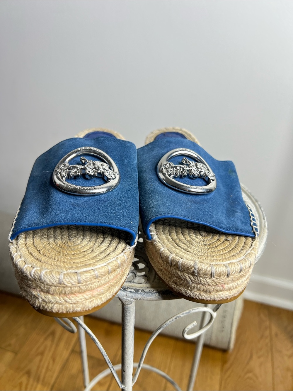 Coach Blue Suede Slide Espadrilles with Silver Horse-and-Carriage Medallions - Picture 2 of 6